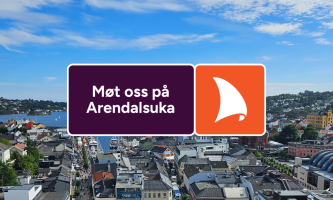 Et oversiktsbilde over Arendal med logoen til Arendalsuka over med teksten 'Møt oss på Arednalsuka.'