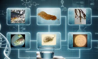 The image is partly AI-generated with Co-pilot: “A hand with a lab glove holding up a small glass of water. Add five small boxes (…). Draw a thin line from each box to the glass of water. Change to landscape format and add a DNA symbol subtly in the background.” Inside the boxes are real images of various organisms: trout, sugar kelp, seaweed, cod, plankton, oomycete parasite. 
