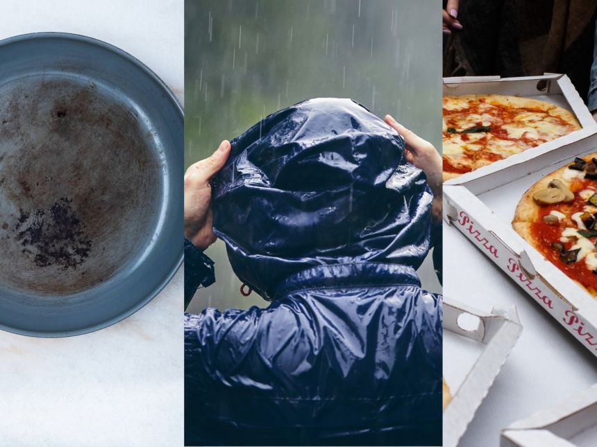 Collages i photos showing a frying pan, a black raincoat and a pizza in a box