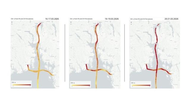 tre grafer som viser utvikling av spredningen ar alger i Oslofjorden