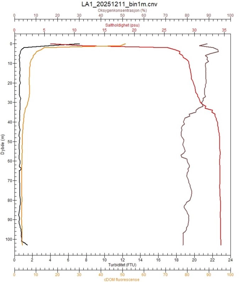 CTD-profil fra Larviksfjorden beskrevet i teksten
