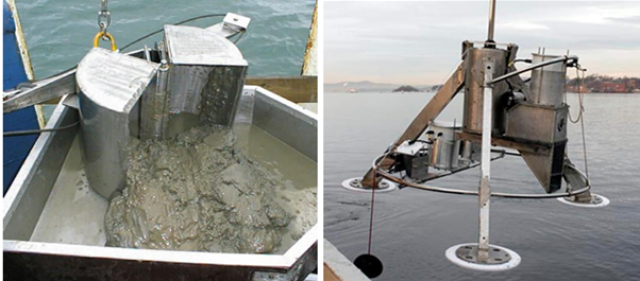 To bilder av prøvetakingsutstyr. Sjø i bakgrunnen.