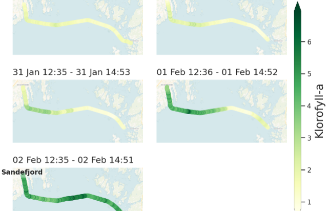 Kl-a oppblomstring fra ferrybox som vises økende nivåer i februar i forhold til januar